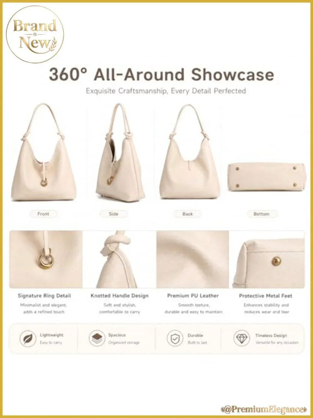 Vegan PU Leather Hobo Tote Bag with Detachable Pouch, Shoulder Crossbody Purse